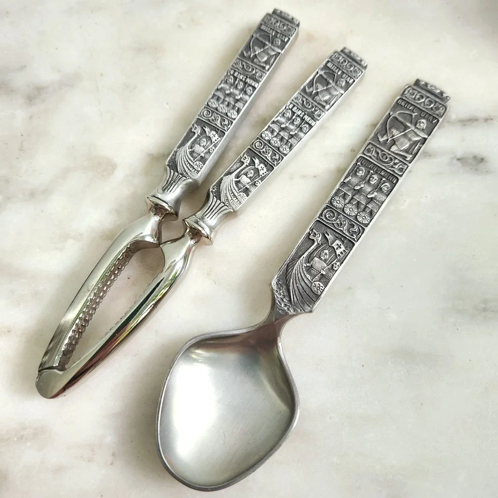 Vintage Heilag‎ Olav Pewter Norway Viking Nutcracker Spoon Set Norse Boat Motif
